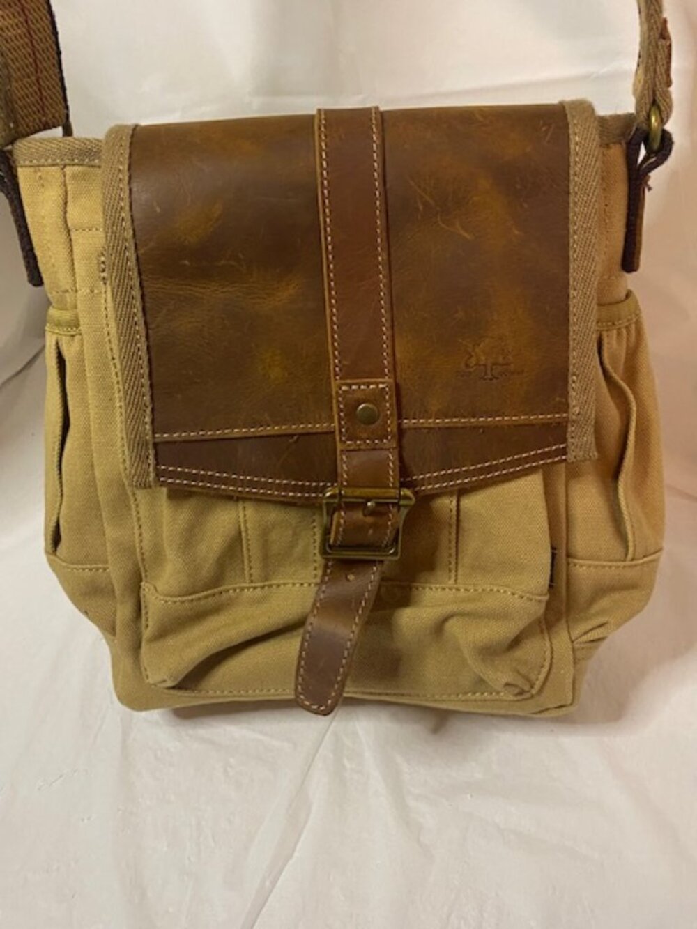 TSD Brand Turtle Ridge Canvas & Leather Crossbody Messenger Bag - Camel